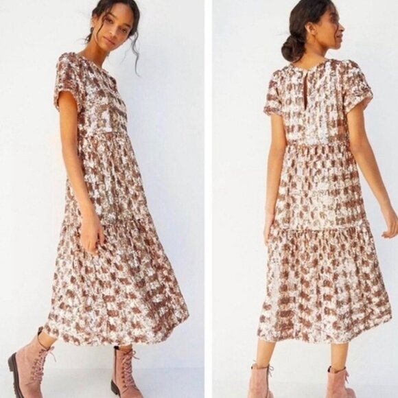 Anthropologie Maeve Bernadette Rose Gold Sequin Tiered Midi Dress Size M - Picture 1 of 15